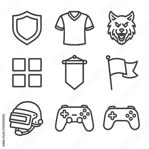 Esports Branding Icons. Outline icon set of esports team branding: team logo, jersey, mascot, sponsor logos,