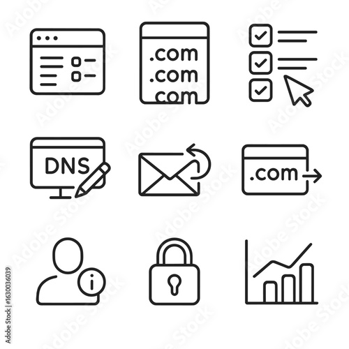 Domain Management Icons. Outline icon set of domain management: control panel, domain list, bulk actions, DNS editor, email