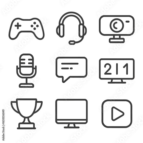 Esports Broadcasting Icons. Outline icon set of esports broadcasting: gaming controller, headset, streaming