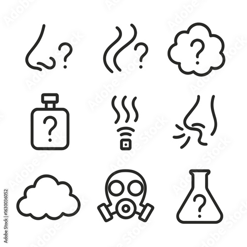 Mysterious Smell Icons. Outline icon set of unknown smell: nose with question mark, scent wave silhouette, fragrance cloud unknown