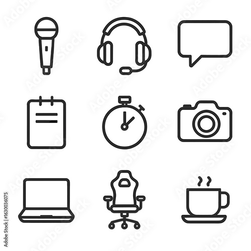 Esports Commentator Icons. Outline icon set of esports commentators: microphone, headset, speech bubble, notes