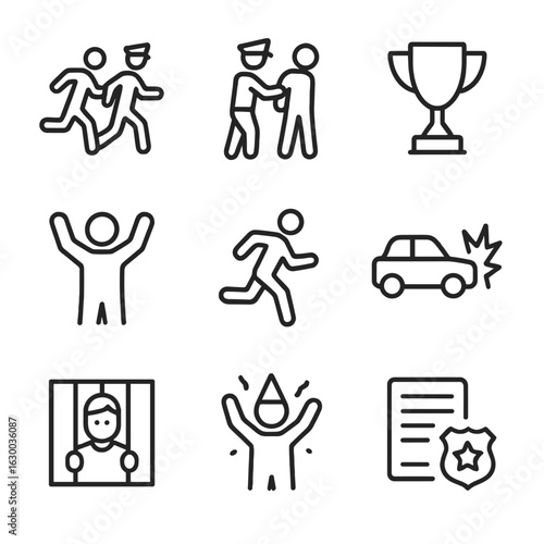Mystery Icon Set. Outline icon set of chase rewards and outcomes: capture, arrest, trophy, victory, escape, crash, detainment,