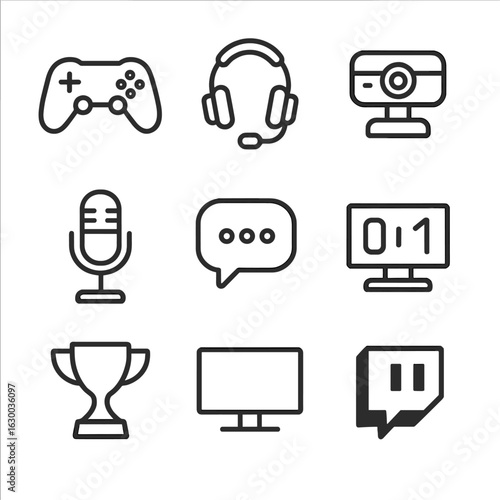 Esports Broadcasting Icons. Outline icon set of esports broadcasting: gaming controller, headset, streaming