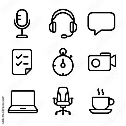 Esports Commentator Icons. Outline icon set of esports commentators: microphone, headset, speech bubble, notes