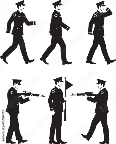 Silhouette police officers in various actions for security and law content