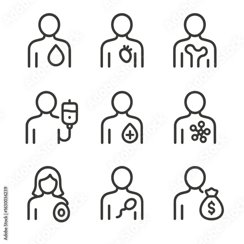 Donor Icons Grid. Outline icon set of donor types: blood donor, organ donor, bone marrow donor, plasma donor, tissue donor, stem