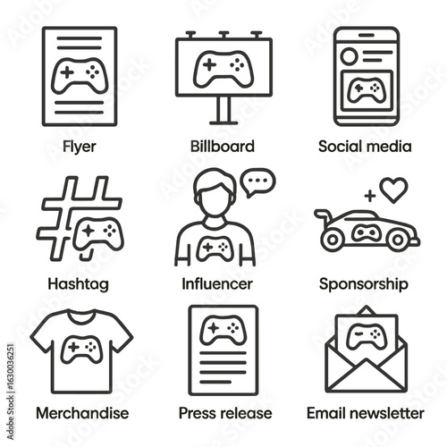 Esports Marketing Icons. Outline icon set of esports marketing and promotion: flyer, billboard, social media