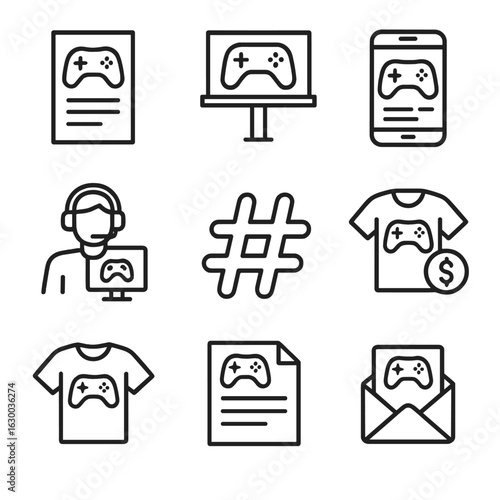 Esports Marketing Icons. Outline icon set of esports marketing and promotion: flyer, billboard, social media