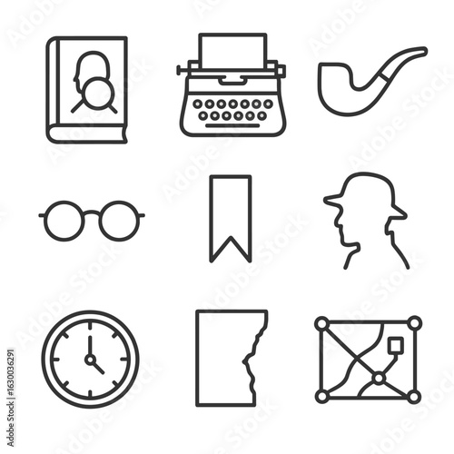 Mystery Icon Set. Outline icon set of mystery novels: book cover, typewriter, pipe, reading glasses, bookmark, shadow silhouette,