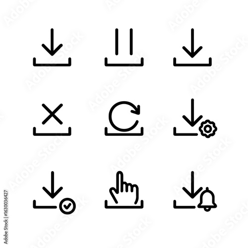 Download Control Icons. Outline icon set of download controls: start download, pause download, resume download, cancel download,