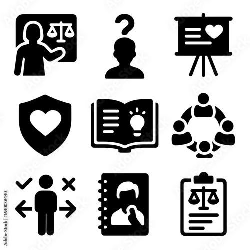 Ethics Education Icons. Solid, filled icons set of moral education and training: teacher with ethics board,