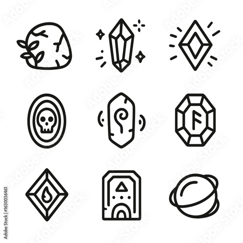 Mystical Gems Icon Set. Outline icon set of mystical gems: enchanted stone, magic crystal, glowing gem, cursed jewel, spirit stone