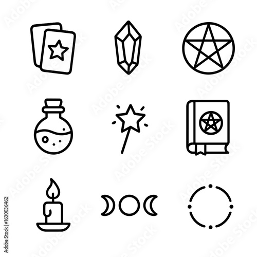 Mystical Ritual Icons. Outline icon set of mystical rituals: tarot cards, crystal, pentagram, potion bottle, magic wand, spell