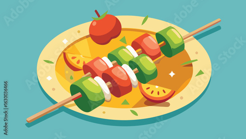 A stylized image of a skewer with vegetables on a plate with a tomato and orange slices