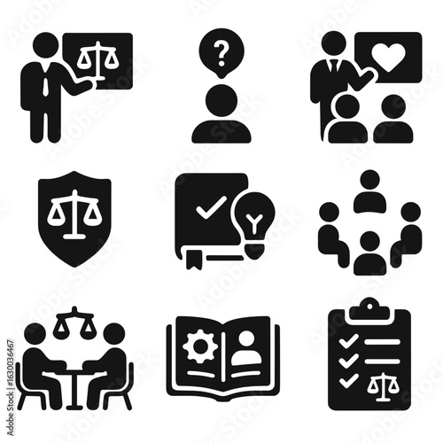 Ethics Education Icons. Solid, filled icons set of moral education and training: teacher with ethics board,