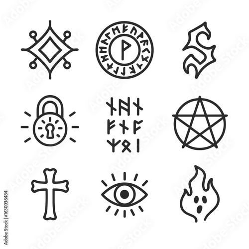 Mystical Symbols Icons. Outline icon set of mystical symbols: arcane sigil, runic circle, cursed glyph, magical lock, forbidden