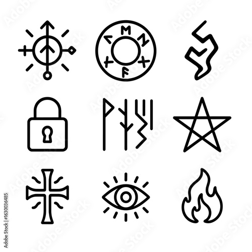 Mystical Symbols Icons. Outline icon set of mystical symbols: arcane sigil, runic circle, cursed glyph, magical lock, forbidden