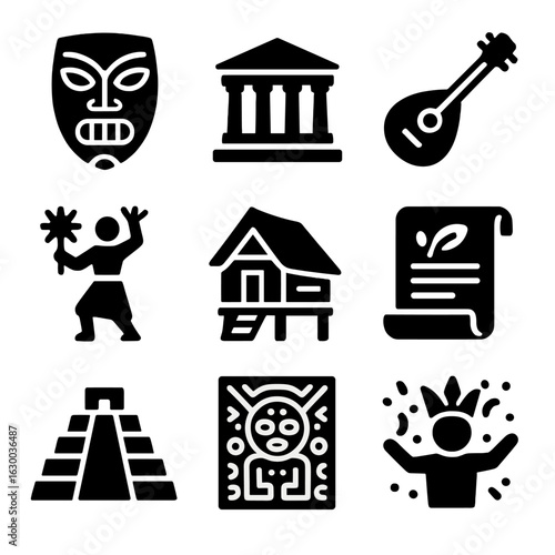 Ethnic Heritage Icons. Solid, filled icons set of Ethnic heritage: traditional mask, historic monument, folk
