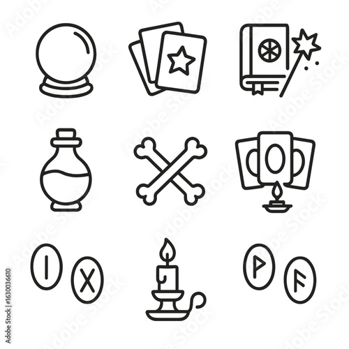 Mythical and Royal Icons. Outline icon set of curse mythology tools: crystal ball, tarot cards, spell book, wand, potion flask,