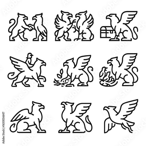 Mythical Creatures Icons. Outline icon set of griffin interaction: handshake, battle stance, guarding treasure, flying with rider,