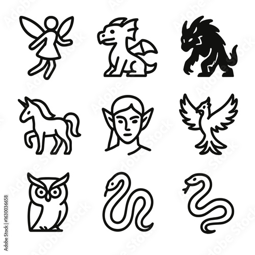 Mythical Creature Icons. Outline icon set of hidden realm creatures: fairy, dragon, ghost, shadow beast, unicorn, elf, phoenix,