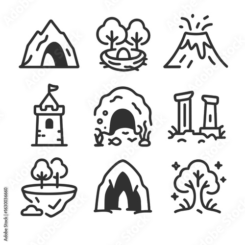 Dragon Habitat Icons. Outline icon set of dragon habitats: mountain cave, forest nest, volcanic lair, castle tower, underwater