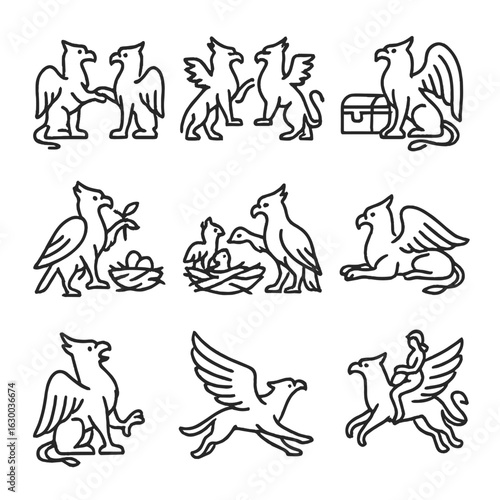 Mythical Creatures Icons. Outline icon set of griffin interaction: handshake, battle stance, guarding treasure, flying with rider,