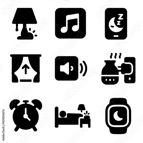 Evening Routine Icons. Solid, filled icons set of evening wind-down routine: dimmed lamp icon, playlist icon,