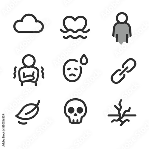 Icons of Dread. Outline icon set of dread: dark cloud, sinking heart, shadow figure, shivering body, cold sweat, broken chain,