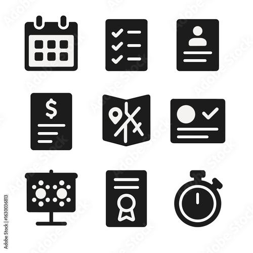 Event Planning Icons. Solid, filled icons set of event planning essentials: calendar, checklist, guest list,
