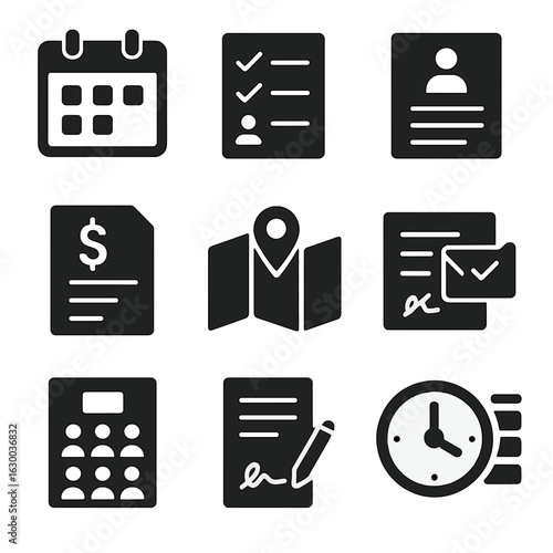 Event Planning Icons. Solid, filled icons set of event planning essentials: calendar, checklist, guest list,