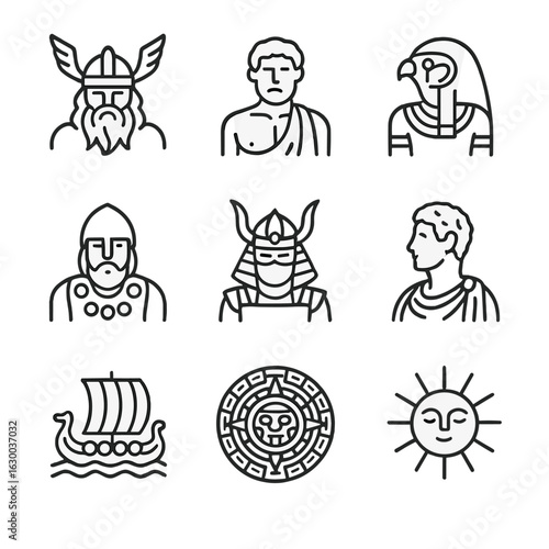 Mythology Icon Set. Outline icon set of legendary mythologies: Norse god, Greek hero, Egyptian deity, Celtic warrior, Japanese