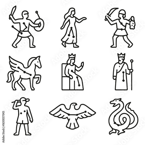 Mythology Constellation Icons. Outline icon set of mythological constellations: Orion hunter, Andromeda princess, Perseus rescuer,