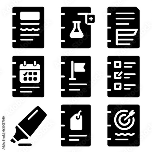 Exam Preparation Icons. Solid, filled icons set of exam preparation tools in binders: past paper section,