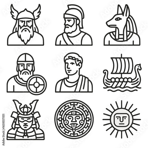 Mythology Icon Grid. Outline icon set of epic mythology: Norse god, Greek hero, Egyptian deity, Celtic warrior, Roman emperor,
