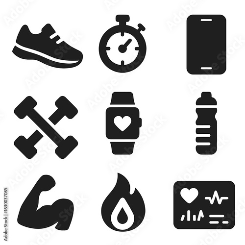 Exercise App Icons. Solid, filled icons set of Exercise app tools: running shoes, stopwatch, smartphone,