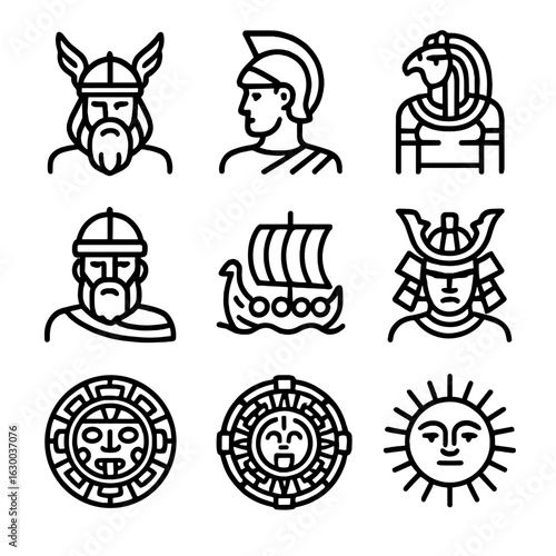 Mythology Icon Grid. Outline icon set of epic mythology: Norse god, Greek hero, Egyptian deity, Celtic warrior, Roman emperor,