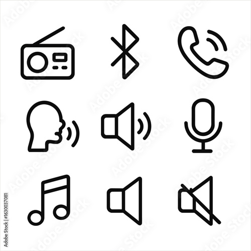 Drive Communication Icons. Outline icon set of drive communication: radio, Bluetooth, phone call, voice command, speaker,