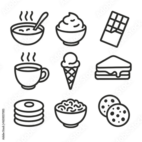 Comfort Food Icons. Outline icon set of comfort food: hot soup, mashed potatoes, chocolate bar, warm tea, ice cream, grilled