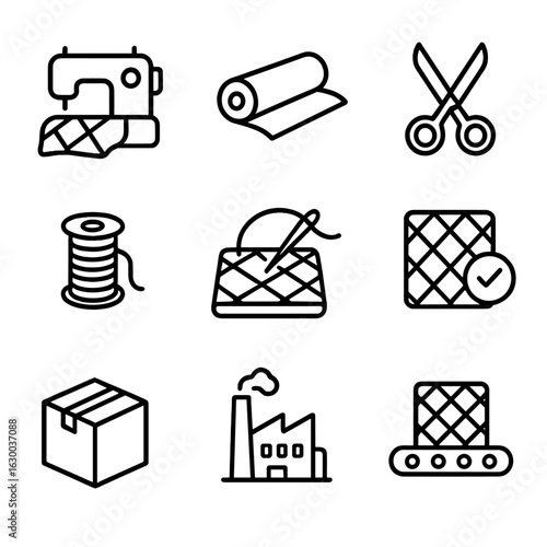 Comforter Manufacturing Icons. Outline icon set of comforter manufacturing: sewing machine, fabric roll, cutting scissors, thread