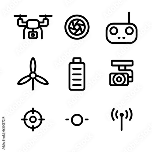 Drone Icon Set. Outline icon set of drone camera basics: quadcopter drone, camera lens, remote controller, propeller, battery pack