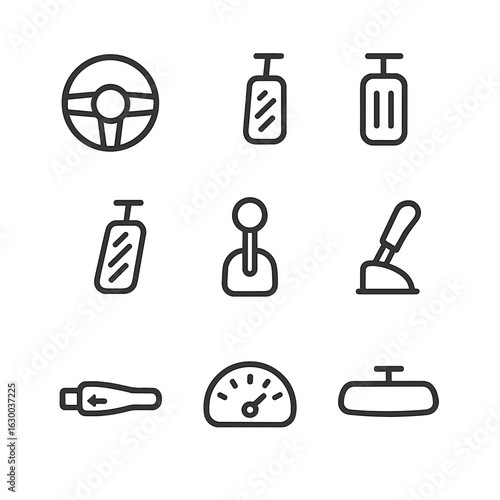 Driving Controls Icon Set. Outline icon set of drive controls: steering wheel, accelerator pedal, brake pedal, clutch pedal, gear