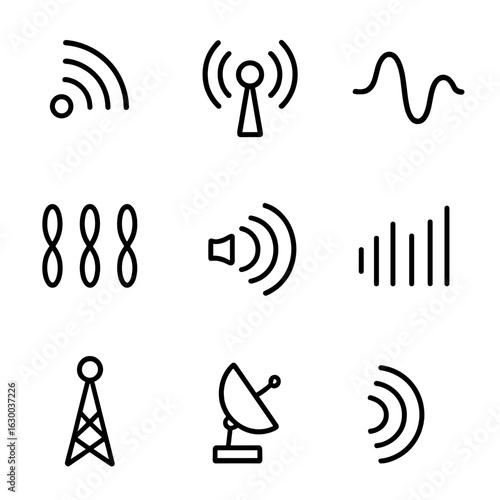 Communication Icon Set. Outline icon set of communication resonance: radio waves, antenna signal, oscillation, resonance pattern,
