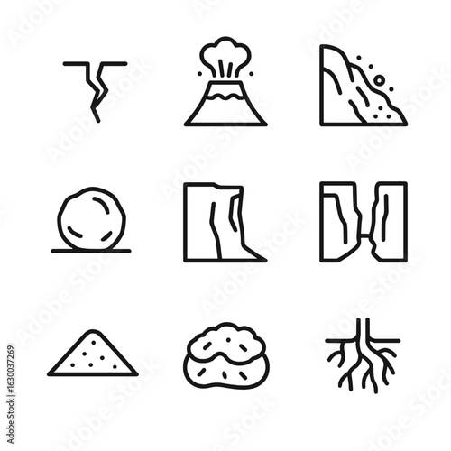 Natural Earth Forces Icons. Outline icon set of natural earth forces: earthquake crack, volcano, landslide, boulder, cliff, canyon
