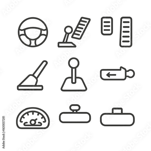 Driving Controls Icon Set. Outline icon set of drive controls: steering wheel, accelerator pedal, brake pedal, clutch pedal, gear