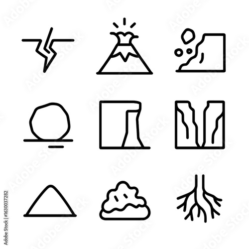 Natural Earth Forces Icons. Outline icon set of natural earth forces: earthquake crack, volcano, landslide, boulder, cliff, canyon