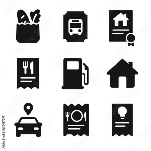 Expense Tracking Icons. Solid, filled icons set of tracking expenses by category: grocery bag, bus ticket,