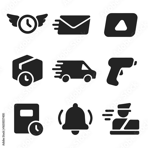 Express Air Freight Icons. Solid, filled icons set of express air freight services: clock with wings, express