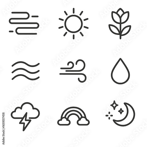 Nature and Magic Icons. Outline icon set of nymph natural phenomena: mist, sunlight rays, blooming flower, flowing water, breeze,