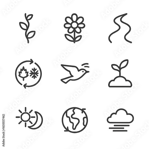 Nature Icon Set. Outline icon set of nature continuation: growing vine, blooming flower, flowing river, seasonal cycle, migrating